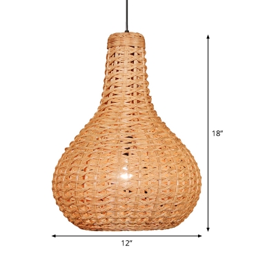 1 Head Hand-Woven Pendant Lighting Chinese Rattan Ceiling Suspension Lamp in Beige
