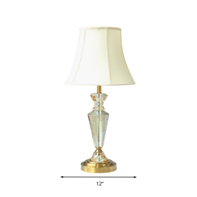 1 Head Paneled Bell Table Lamp Traditional White Fabric Nightstand Light with Clear Crystal Accent