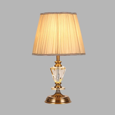 1 Head Tapered Table Lamp Traditional Clear Beveled Crystal Nightstand Light with Beige Fabric Shade