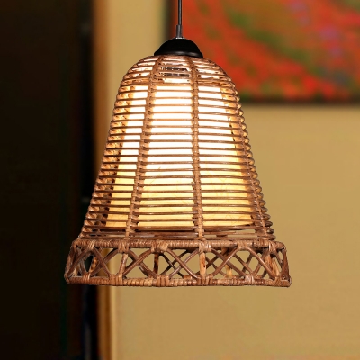 1 Head Teahouse Hanging Lamp Asia Khaki Ceiling Pendant Light with Bell Bamboo Shade