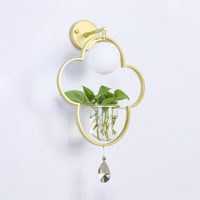 1 Light Clover Sconce Wall Light Industrial Gold Metal LED Plant Wall Lighting Fixture with Dangling Crystal