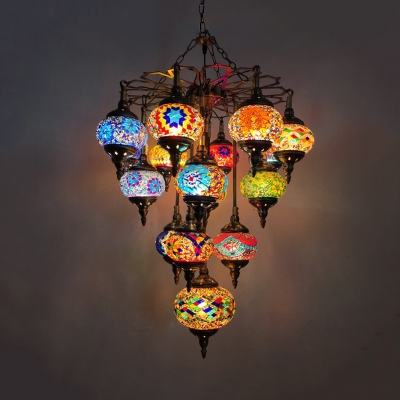 16 Lights Ceiling Chandelier Antiqued Oval Yellow Stained Glass Pendant Lamp for Bar
