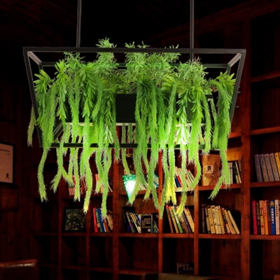 2 Heads Metal Island Pendant Antique Black Trapezoid Restaurant LED Down Lighting with Plant Decor