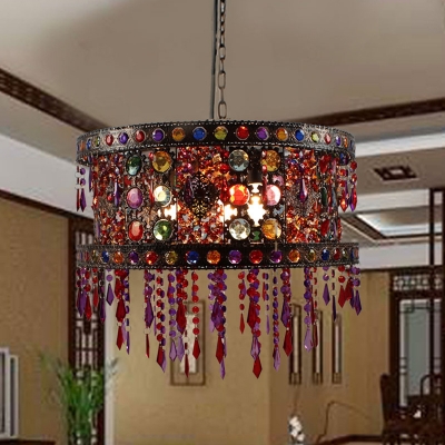 3 Bulbs Hanging Chandelier Art Deco Drum Metal Pendant Light Fixture in Bronze for Living Room