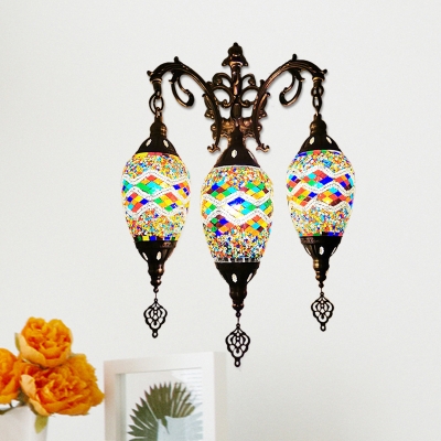 3 Lights Wall Sconce Light Traditional Teardrop White/Yellow/Orange Stained Glass Wall Mounted Lamp Fixture for Bar