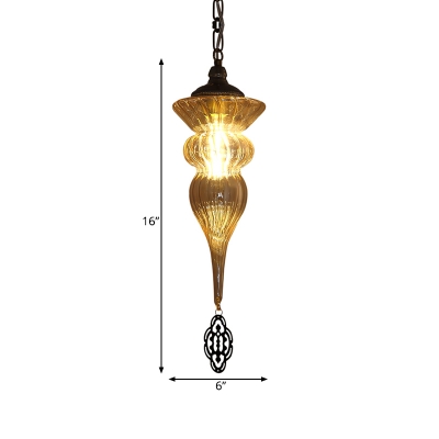 Amber Ribbing Glass Brass Pendant Light Jar Shaped 1 Light Traditionalist Hanging Ceiling Lamp