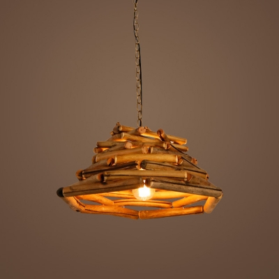 Asian 1 Head Pendant Lamp Brown Wide Flare Ceiling Hanging Light with Wood Shade