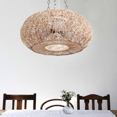 Bamboo Curved Drum Pendant Chandelier Asian 3 Heads Hanging Ceiling Light in Beige