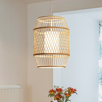 Bamboo Handmade Ceiling Light Asian 1 Bulb Wood Pendant Lighting Fixture with Inner Cylinder White Shade