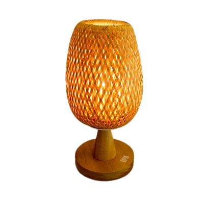 Beige Basket Task Light Japanese 1 Head Bamboo Desk Lamp with Circular Wood Base