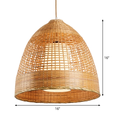 Beige Flared Pendant Lamp Asian 1 Head Bamboo Hanging Light Fixture for Living Room