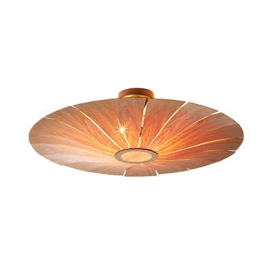 Beige Round Semi Flush Light Chinese 3 Heads Wood Ceiling Mounted Fixture for Restaurant