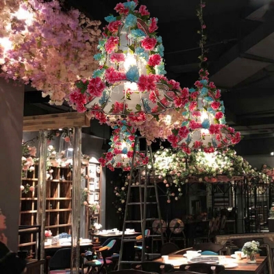 Bell Metal Chandelier Pendant Light Antique 3 Lights LED Restaurant Suspension Lamp in Pink with Cherry Blossom
