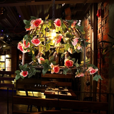Birdcage Restaurant Pendant Lighting Industrial Metal 1 Light Brass LED Hanging Ceiling Light with Rose Decor