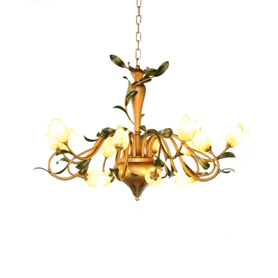 Brass Flower Hanging Chandelier Pastoral Frosted Glass 15 Lights Living Room Ceiling Pendant