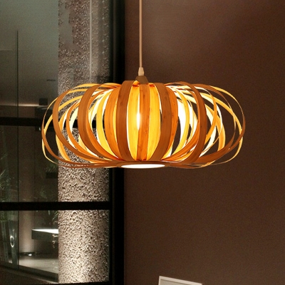 Chinese 1 Head Down Lighting Beige Pumpkin Hanging Pendant Light with Wood Shade