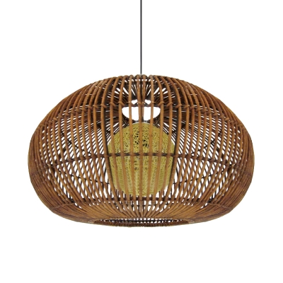 Chinese 1 Head Hanging Lamp Coffee Cage Pendant Lighting Fixture with Rattan Shade