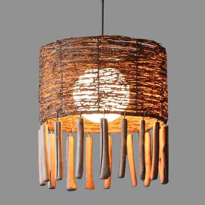 Cylinder Down Lighting Asia Wood 1 Head Brown Pendant Light Fixture with Globe Milky Glass Shade