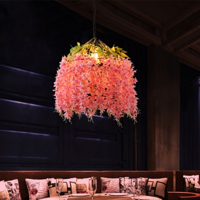 Floral Metal Suspension Pendant Antique 1 Head Restaurant LED Ceiling Light in Pink