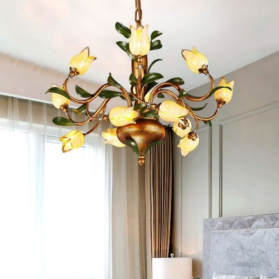 Frosted Glass Brass Hanging Chandelier Floral 12 Lights Countryside Down Lighting Pendant for Bedroom