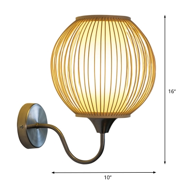 Globe Wall Lighting Asian Bamboo 1 Bulb Wood Sconce Light Fixture with Metal Curved Arm