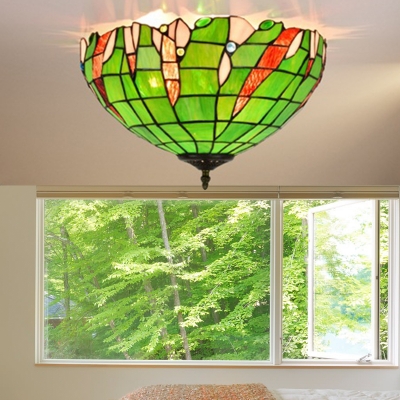 Green 3 Lights Flushmount Light Tiffany Stained Glass Bowl Shaped Ceiling Flush Mount