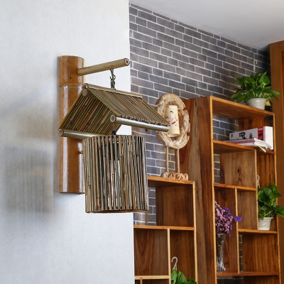 House Sconce Light Japanese Bamboo 1 Bulb Wall Mounted Lighting in Khaki/Dark Coffee for Living Room