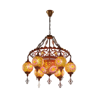 Lantern Stained Glass Chandelier Lamp Traditional 9 Heads Restaurant Suspension Pendant Light in Brass