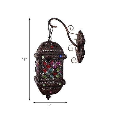 Lantern Wall Lamp Traditional Metal 1 Head Sconce Light Fixture in Rust with Curved Arm
