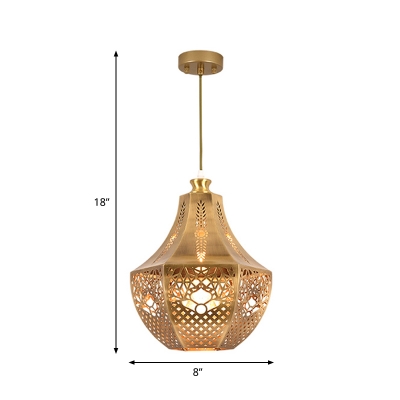 Laser Cut Pendant Light Art Deco Metal 1 Bulb Suspended Lighting Fixture in Brass