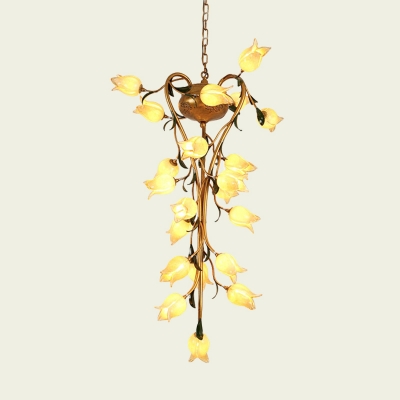 Metal Brass Chandelier Lamp Flower 21-Head Vintage LED Ceiling Hang Fixture for Stair