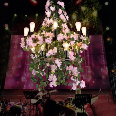 Metal Pink Hanging Chandelier 2 Tiers 14 Lights Industrial LED Pendant Lighting with Flower Decor