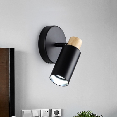 Metal Tubular Sconce Contemporary 1 Head Black Wall Mounted Light Fixture with Wood Cap