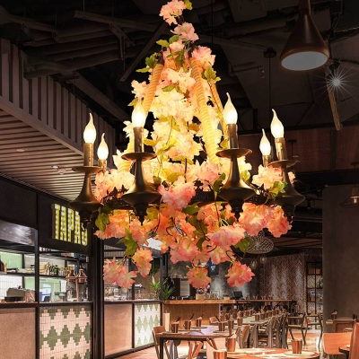 Pink Candelabra Pendant Chandelier Vintage Metal 6 Bulbs Restaurant LED Hanging Ceiling Light with Cherry Blossom Decor