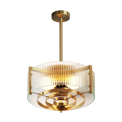 Prismatic Glass Drum Pendant Chandelier Modernism 3 Bulbs Ceiling Hanging Light in Brass