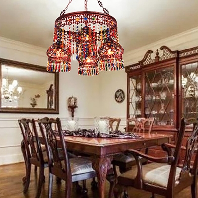 Traditional Round Chandelier Lighting Fixture 4 Heads Metal Drop Pendant in Copper for Dining Room