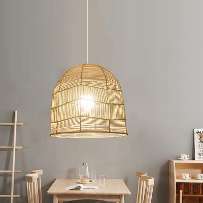 Wood Cage Ceiling Lamp Asian 1 Head Bamboo Hanging Light Fixture for Dining Room