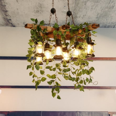 Wooden Green Island Pendant Light Lantern 3/6/8 Bulbs Industrial LED Plant Hanging Lamp Kit, 21.5