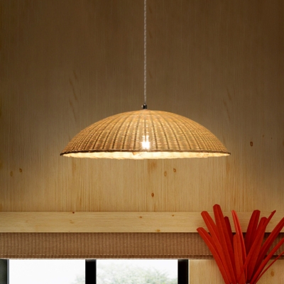 1 Head Dining Room Ceiling Lamp Asia Flaxen Hanging Light Fixture with Dome Bamboo Shade