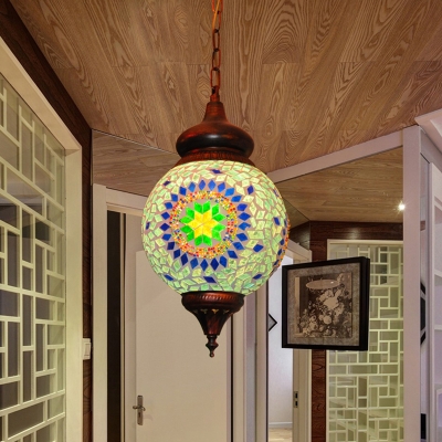 1 Light Global Hanging Lighting Art Deco Green Stained Glass Pendant Lamp for Living Room