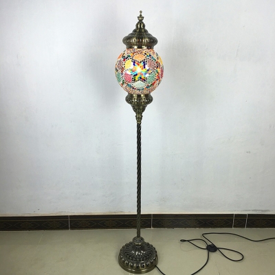 1 Light Standing Light Traditional Globe Red/Blue/Green Stained Glass Floor Lamp with Staff Design