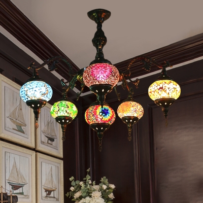 6 Lights Ceiling Chandelier Antiqued Radial Metal Pendant Lamp with Oval Stained Glass Shade