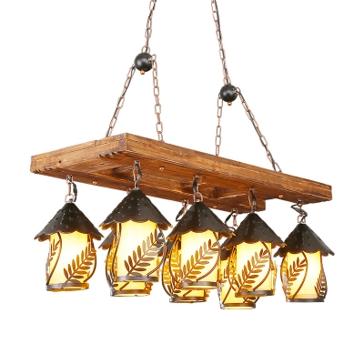 8 Lights Living Room Linear Chandelier Warehouse Brown Island Light with House White Fabric/Clear Glass Shade