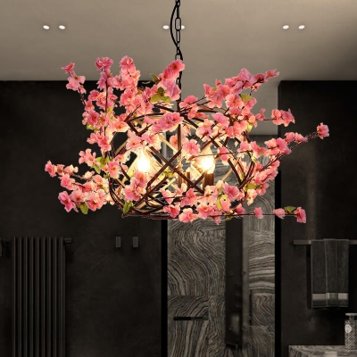 Antique Bird Nest Ceiling Chandelier 3 Bulbs Metal Flower Drop Lamp in Pink for Restaurant