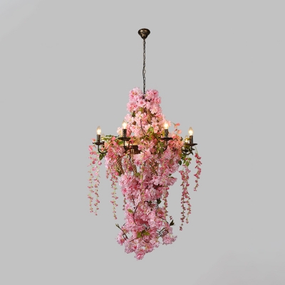 Antique Candle Hanging Chandelier 6/8 Bulbs Metal Flower Pendant Light Fixture in Pink for Restaurant