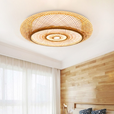Asian 3 Heads Flush Mount Flaxen Donut Ceiling Mounted Fixture with Bamboo Shade