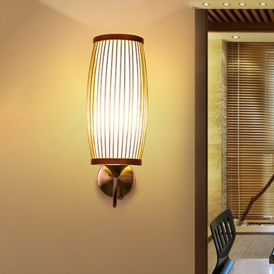 Bamboo Barrel Wall Lighting Asia 1 Bulb Beige Sconce Light Fixture with Inner Cylinder Parchment Shade