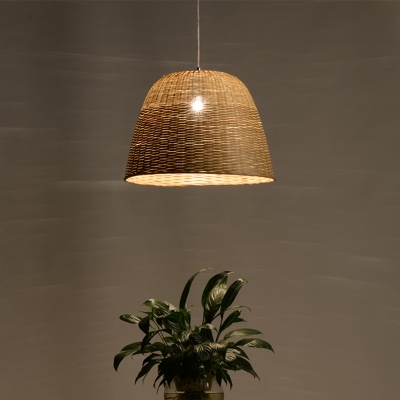 Bamboo Basket Pendant Light Japanese 1 Bulb Suspended Lighting Fixture in Flaxen
