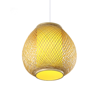 Bamboo Droplet Hanging Lamp Chinese 1 Bulb Beige Ceiling Pendant Light with Tubular Parchment Shade