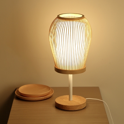 Bamboo Jar Desk Lamp Asian 1 Head Beige Task Lighting with Cylinder White Parchment Shade